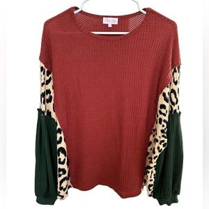 Oversized Green, Red, and Leopard Print Mixed Media Pink Lily Tunic Shirt